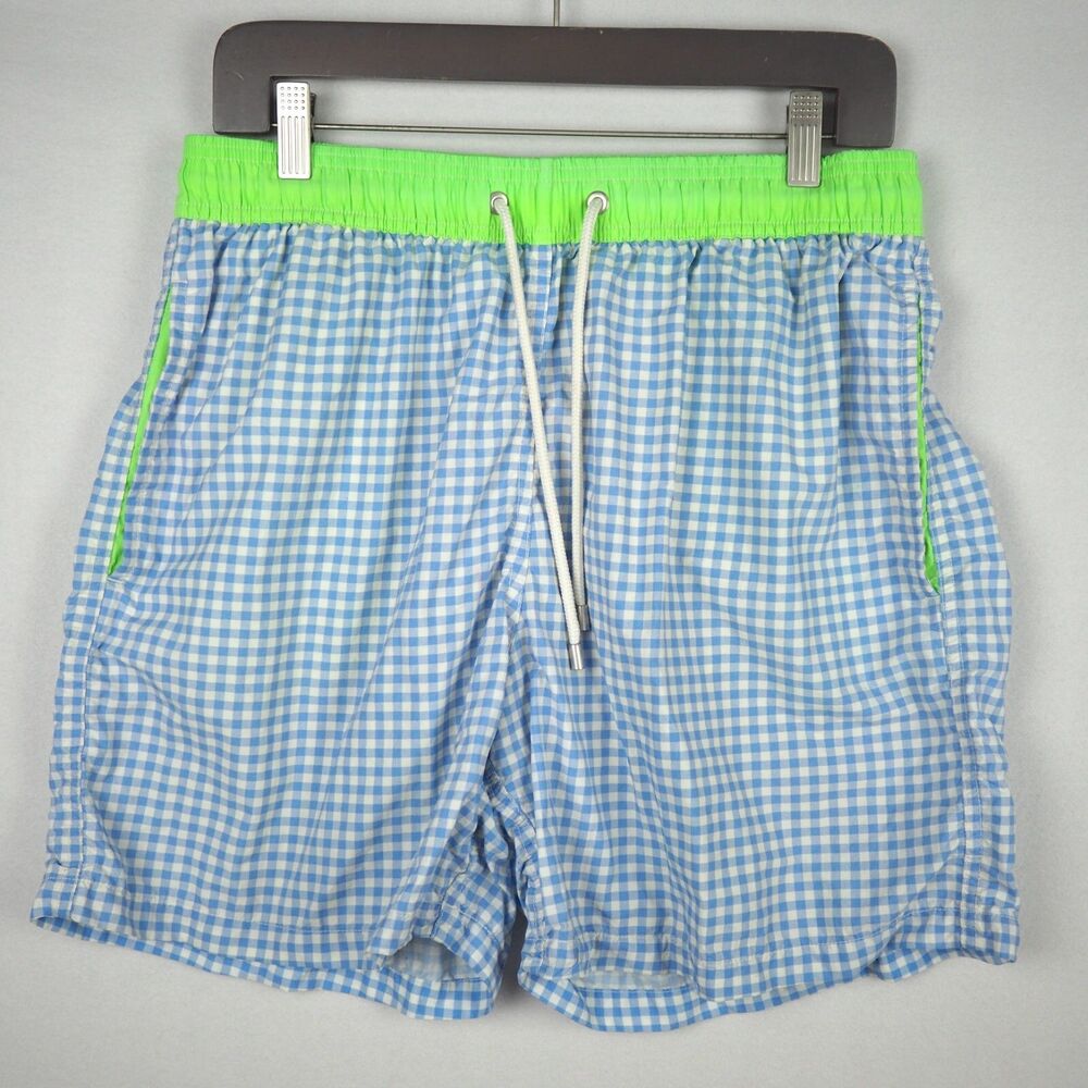 Allen Edmonds Swim Trunks Mens Size M Board Shorts Blue Gingham Neon Green Spain